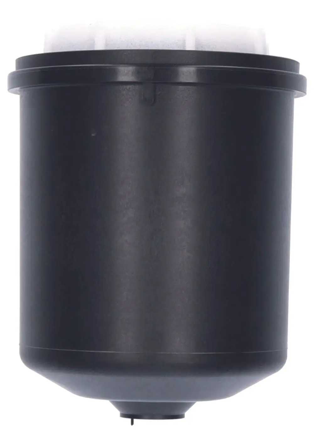 Schwarze Kalkschutzeinheit von Judo mit abgerundeter Unterseite und einem weißen Filter an der Oberseite. Das Produkt ist zylindrisch und hat eine klare Form.